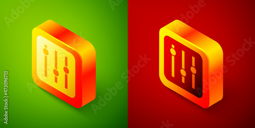 Isometric Sound mixer controller icon isolated on green and red background. Dj equipment slider buttons. Mixing console. Square button. Vector