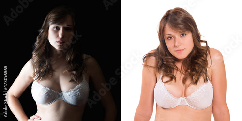 Two closeup portraits of a beautiful young woman wearing a bra in front of white and black studio background