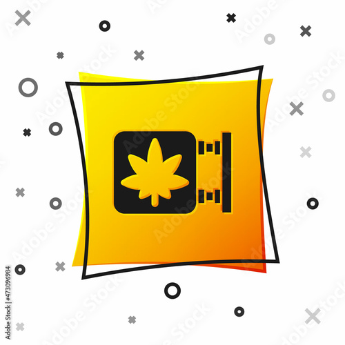Black Marijuana and cannabis store icon isolated on white background. Equipment and accessories for smoking, storing medical cannabis. Yellow square button. Vector Illustration