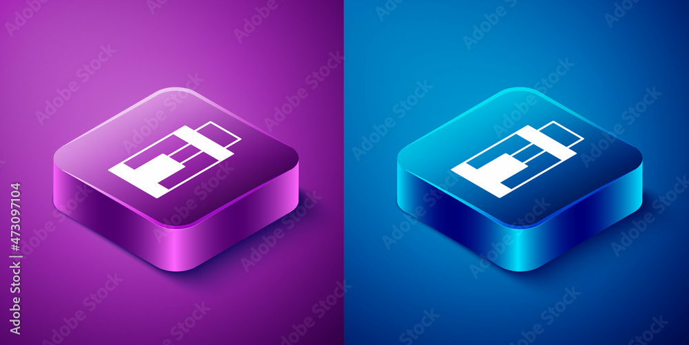 Isometric Vape mod device icon isolated on blue and purple background. Vape smoking tool. Vaporizer Device. Square button. Vector Isometric Vape mod device icon isolated on blue and purple background. Vape smoking tool. Vaporizer Device. Square button. Vector