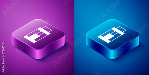 Isometric Vape mod device icon isolated on blue and purple background. Vape smoking tool. Vaporizer Device. Square button. Vector