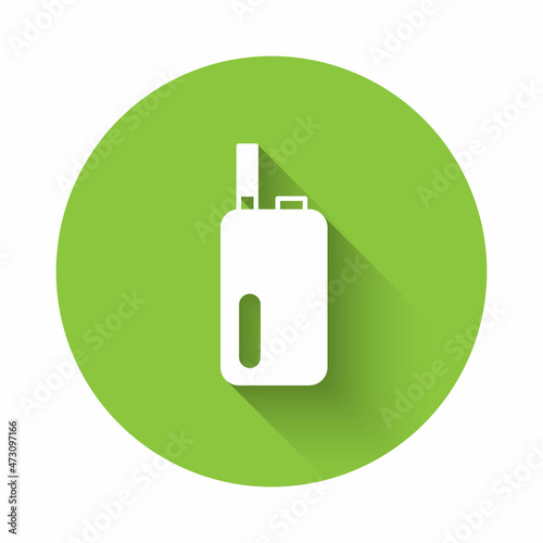 White Electronic cigarette icon isolated with long shadow background. Vape smoking tool. Vaporizer Device. Green circle button. Vector
