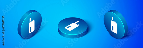 Isometric Electronic cigarette icon isolated on blue background. Vape smoking tool. Vaporizer Device. Blue circle button. Vector