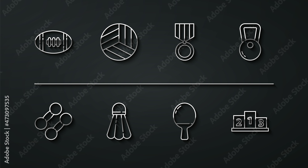 Set line American Football ball, Dumbbell, Kettlebell, Racket for playing table tennis, Badminton shuttlecock, Volleyball, Award over sports winner podium and Medal icon. Vector Set line American Football ball, Dumbbell, Kettlebell, Racket for playing table tennis, Badminton shuttlecock, Volleyball, Award over sports winner podium and Medal icon. Vector
