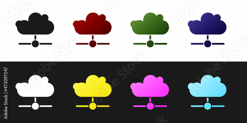 Set Network cloud connection icon isolated on black and white background. Social technology. Cloud computing concept. Vector