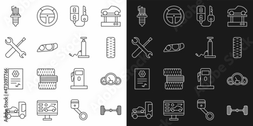 Set line Chassis car, Speedometer, Car tire wheel, key with remote, headlight, Screwdriver and wrench spanner, spark plug and air pump icon. Vector