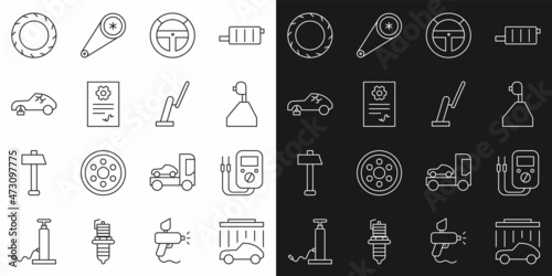 Set line Car wash, Multimeter, Gear shifter, Steering wheel, Auto service check automotive, Broken car, tire and Windscreen wiper icon. Vector