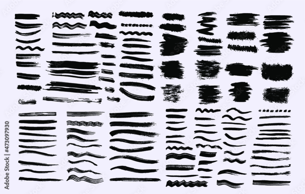 Big set of dry brush strokes, hand drawn, vector, isolated