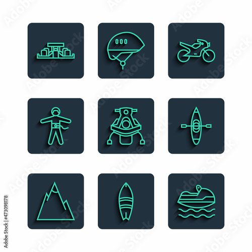 Set line Mountains, Surfboard, Jet ski, Motorcycle, Snowmobile, Bungee jumping, Formula 1 racing car and Kayak canoe icon. Vector