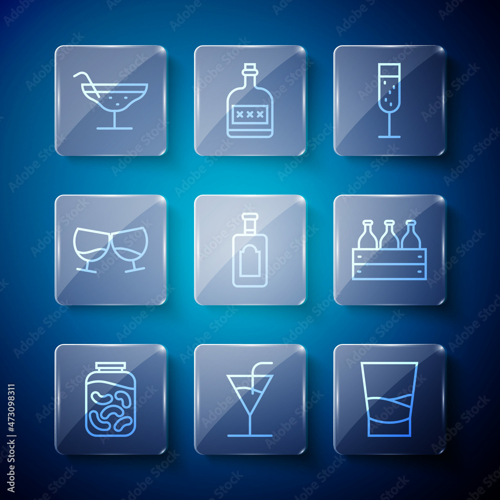 Set line Pickled cucumbers in a jar, Cocktail, Glass of vodka, champagne, Whiskey bottle, cognac or brandy, and Bottles wine wooden box icon. Vector Set line Pickled cucumbers in a jar, Cocktail, Glass of vodka, champagne, Whiskey bottle, cognac or brandy, and Bottles wine wooden box icon. Vector