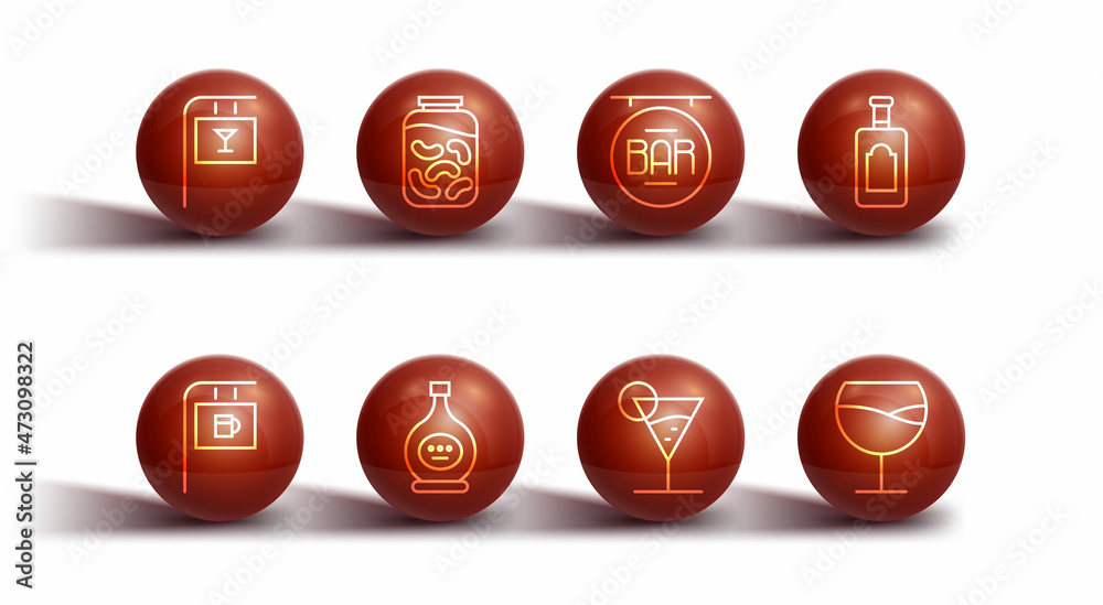 Set line Street signboard with Bar, Whiskey bottle, Martini glass, Bottle of cognac or brandy, Pickled cucumbers jar, Wine and icon. Vector Set line Street signboard with Bar, Whiskey bottle, Martini glass, Bottle of cognac or brandy, Pickled cucumbers jar, Wine and icon. Vector