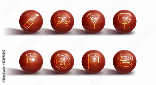 Set line Opened bottle of wine, Street signboard with Pub, Wine glass, Bar, Alcohol 21 plus, Glass cognac or brandy, Dried fish and Martini icon. Vector