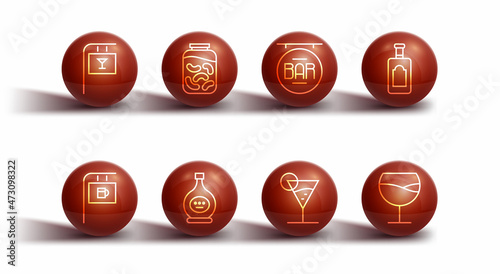 Set line Street signboard with Bar, Whiskey bottle, Martini glass, Bottle of cognac or brandy, Pickled cucumbers jar, Wine and icon. Vector