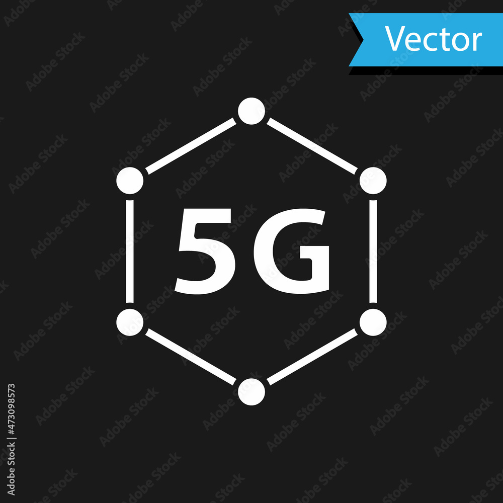 White 5G new wireless internet wifi connection icon isolated on black background. Global network high speed connection data rate technology. Vector White 5G new wireless internet wifi connection icon isolated on black background. Global network high speed connection data rate technology. Vector