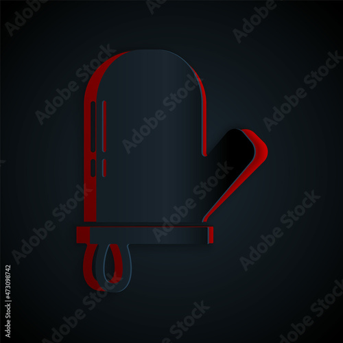Paper cut Oven glove icon isolated on black background. Kitchen potholder sign. Cooking glove. Paper art style. Vector