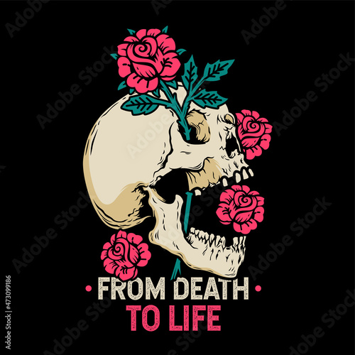vintage skull head illustration bited roses