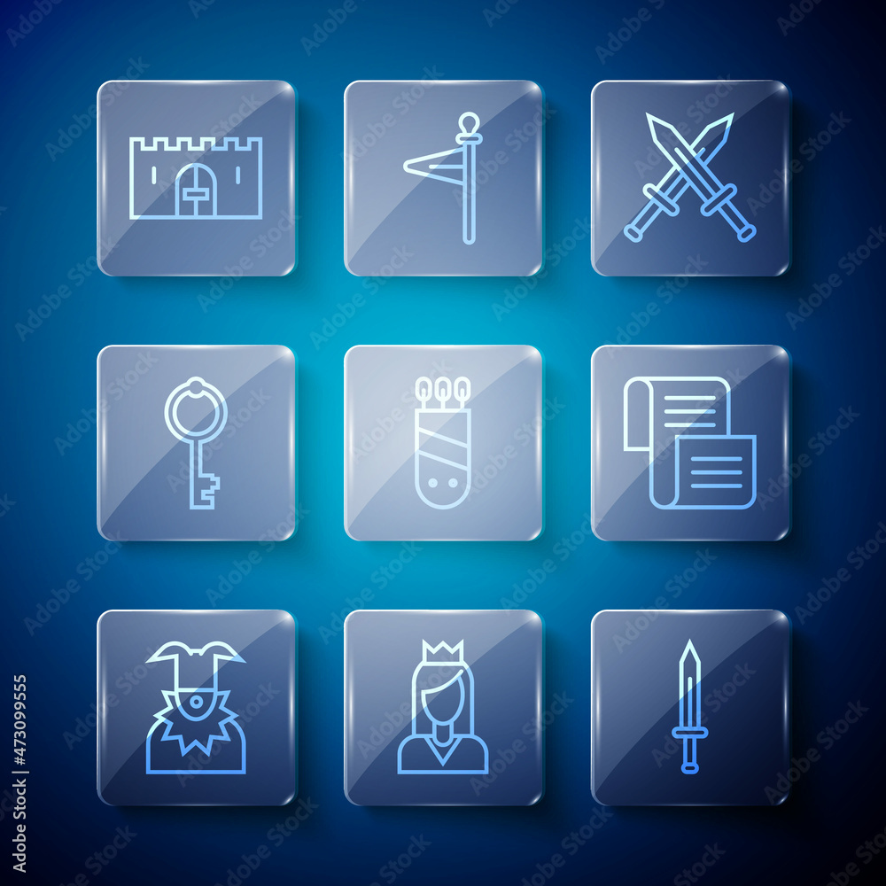 Set line Joker head, Princess, Medieval sword, Crossed medieval, Quiver with arrows, Old key, castle gate and Decree, parchment, scroll icon. Vector Set line Joker head, Princess, Medieval sword, Crossed medieval, Quiver with arrows, Old key, castle gate and Decree, parchment, scroll icon. Vector