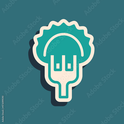 Green Dumplings on fork icon isolated on green background. Pierogi, varenyky, pelmeni, ravioli. Traditional Ukrainian food. Long shadow style. Vector