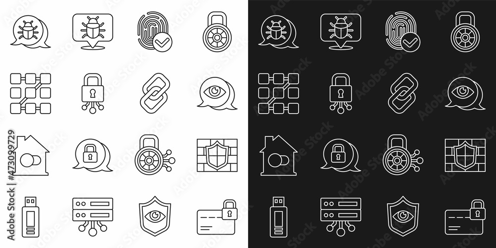Set line Credit card with lock, Shield brick wall, Eye scan, Fingerprint, Cyber security, Graphic password protection, System bug and Chain link icon. Vector
