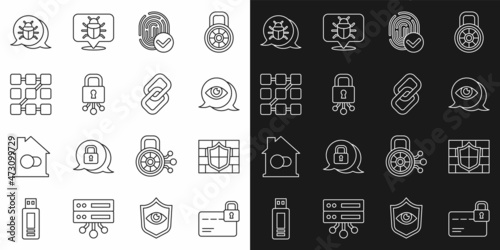 Set line Credit card with lock  Shield brick wall  Eye scan  Fingerprint  Cyber security  Graphic password protection  System bug and Chain link icon. Vector
