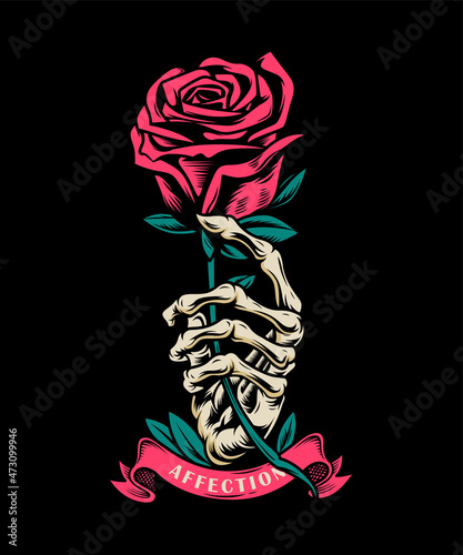 skeleton hand holding roses illustration