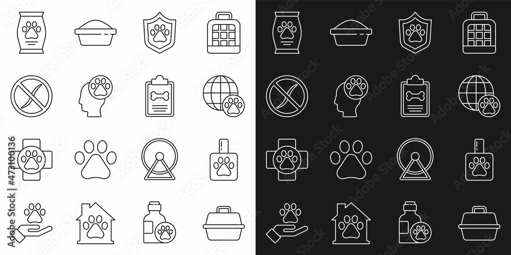 Set line Pet carry case, shampoo, World pet, Animal health insurance, Human with animals footprint, Anti worms parasite, Bag of food and Clinical record icon. Vector Set line Pet carry case, shampoo, World pet, Animal health insurance, Human with animals footprint, Anti worms parasite, Bag of food and Clinical record icon. Vector