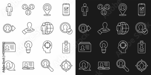 Set line Head hunting, Identification badge, Create account screen, Location with person, Hand for search people, User of man and icon. Vector