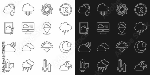 Set line Cloud with moon, Moon, rain, Tornado, Weather forecast, and sun and Location cloud icon. Vector