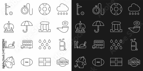 Set line London sign, Golf bag with clubs, Smoking pipe, Football ball, Umbrella, British crown, flag and Stonehenge icon. Vector