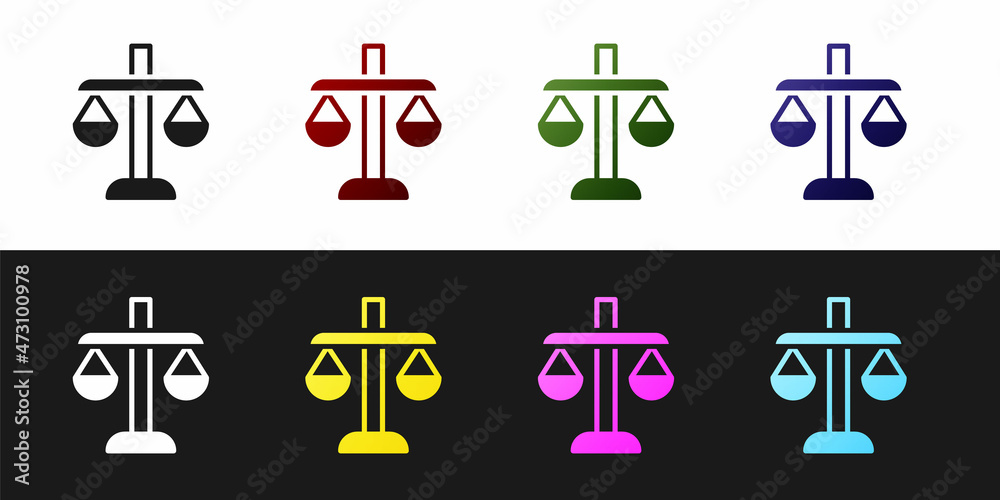 Set Scales of justice icon isolated on black and white background. Court of law symbol. Balance scale sign. Vector Set Scales of justice icon isolated on black and white background. Court of law symbol. Balance scale sign. Vector