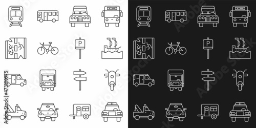 Set line Police car and flasher, Scooter, Sailboat, Car, Bicycle, Broken road, Train railway and Parking icon. Vector