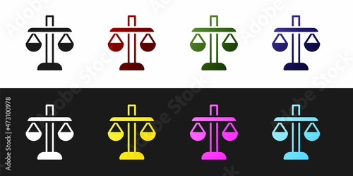 Set Scales of justice icon isolated on black and white background. Court of law symbol. Balance scale sign. Vector