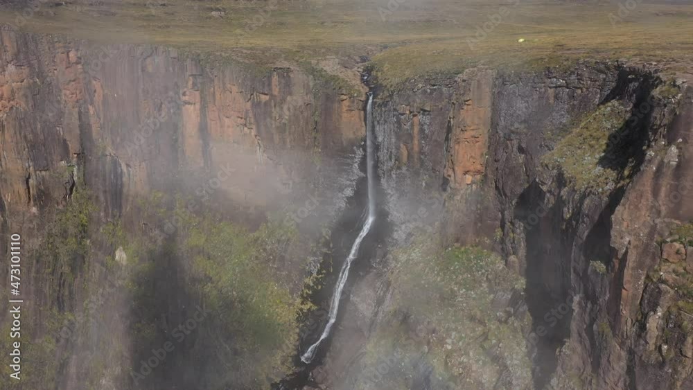 Drone view of scenic Tugela falls at Roya Natal National park. Drakensberg mountains at South Africa