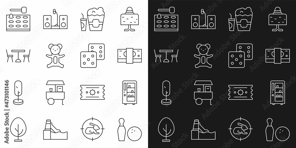 Set line Bowling pin and ball, Vending machine, Stacks paper money cash, Popcorn box glass, Teddy bear plush toy, Picnic table with chairs, Arcade game and Game dice icon. Vector Set line Bowling pin and ball, Vending machine, Stacks paper money cash, Popcorn box glass, Teddy bear plush toy, Picnic table with chairs, Arcade game and Game dice icon. Vector