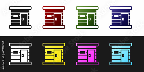 Set Sauna wooden bathhouse icon isolated on black and white background. Heat spa relaxation therapy bath and hot steam healthcare, relax therapy. Vector