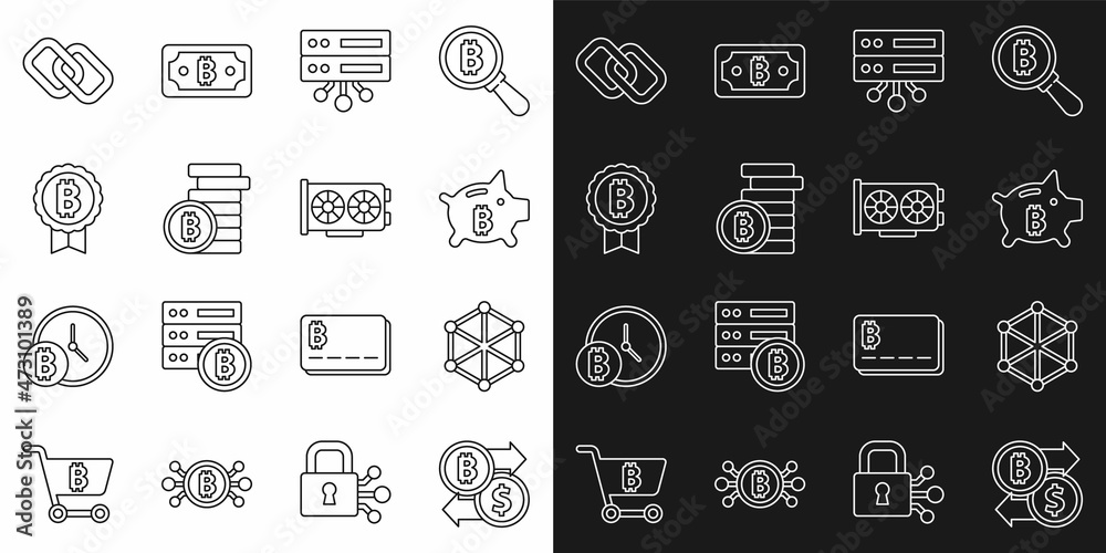 Set line Cryptocurrency exchange, Blockchain technology, Piggy bank bitcoin, Server, Bitcoin, Chain link and Video graphic card icon. Vector