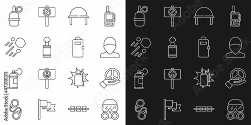 Set line Gas mask, Peace, Vandal, Military helmet, Hand grenade, Flying stone, and Police assault shield icon. Vector