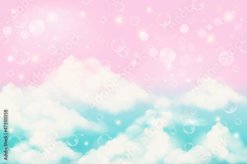 Holographic fantasy rainbow unicorn background with clouds and bubbles. Pastel color sky. Magical landscape, abstract fabulous pattern. Cute candy wallpaper. Vector.