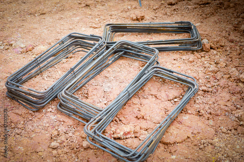 Reinforcement steel rod and deformed bar with rebar at construction site.