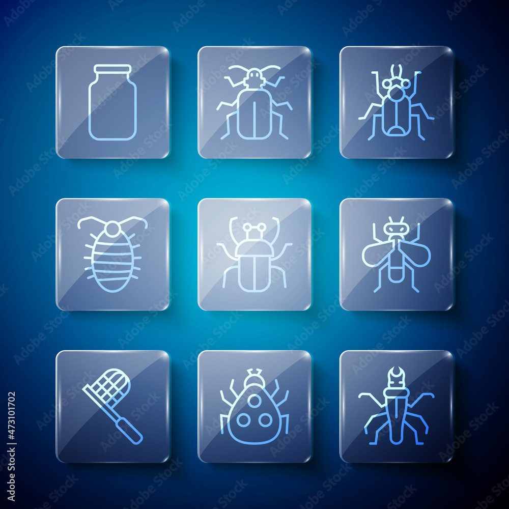 Set line Butterfly net, Ladybug, Termite, Beetle, Stink, Larva insect, Glass jar and Insect icon. Vector Set line Butterfly net, Ladybug, Termite, Beetle, Stink, Larva insect, Glass jar and Insect icon. Vector