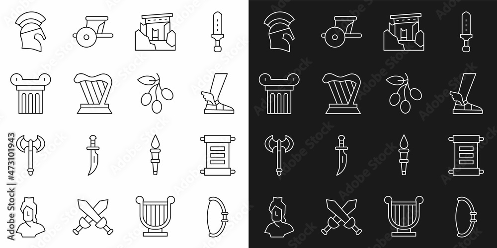 Set line Medieval bow, Decree, parchment, scroll, Hermes sandal, Ancient ruins, Harp, column, Greek helmet and Olives branch icon. Vector