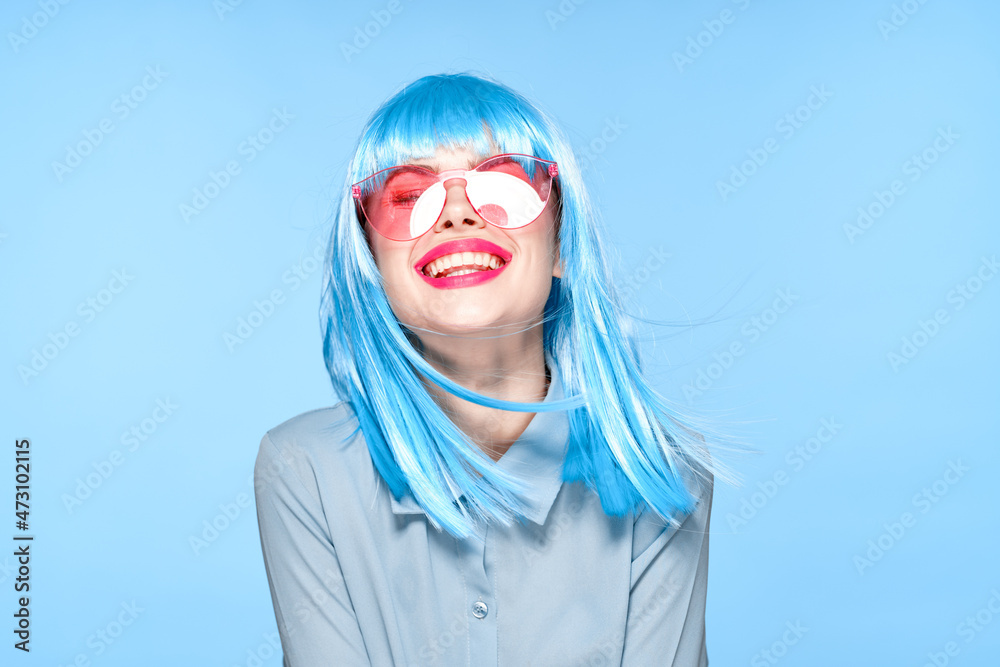 cheerful glamorous woman in pink glasses purple wig fashion cheerful glamorous woman in pink glasses purple wig fashion