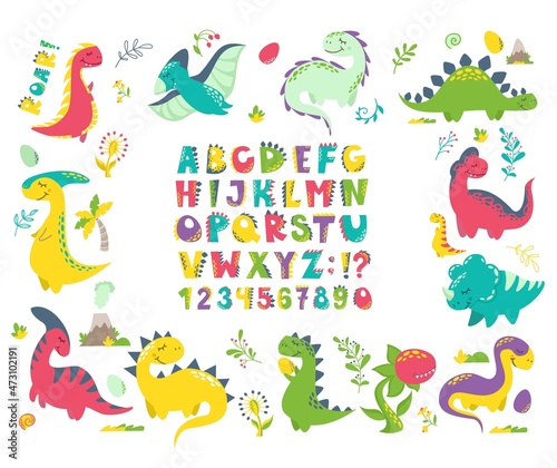 Vector set for printing on baby clothes. Dinosaurs  letters  numbers  volcano  carnivorous plants  flowers  twigs  alphabet stylized as dinosaurs. Bright letters and monsters.