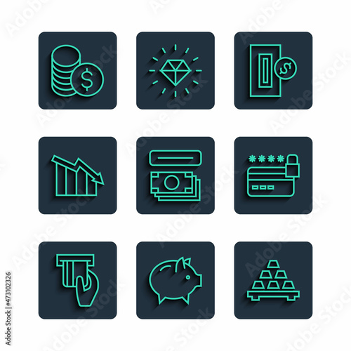 Set line Credit card inserted, Piggy bank, Gold bars, Inserting coin, ATM and money, Financial growth decrease, Coin with dollar and lock icon. Vector
