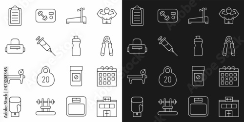 Set line Gym building, Calendar fitness, Sport expander, Treadmill machine, Doping syringe, bag, training program and Fitness shaker icon. Vector