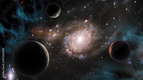 Space background slowly moving through universe among planets galaxies stars and nebulae