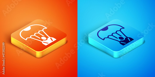 Isometric Parachute icon isolated on orange and blue background. Vector
