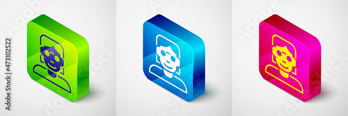 Isometric Hacker or coder icon isolated on grey background. Programmer developer working on code, coding, testing, debugging, analysing. Square button. Vector