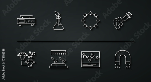 Set line Electronic scales, Cloning, Syringe, Chemical formula, Automatic irrigation sprinklers, Plant breeding, Magnet and icon. Vector