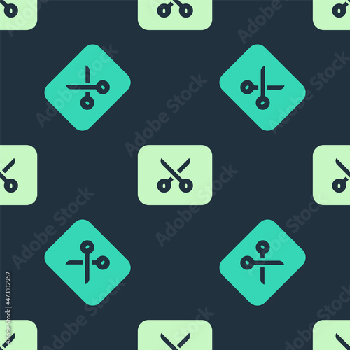 Green and beige Music or video editing icon isolated seamless pattern on blue background. Vector